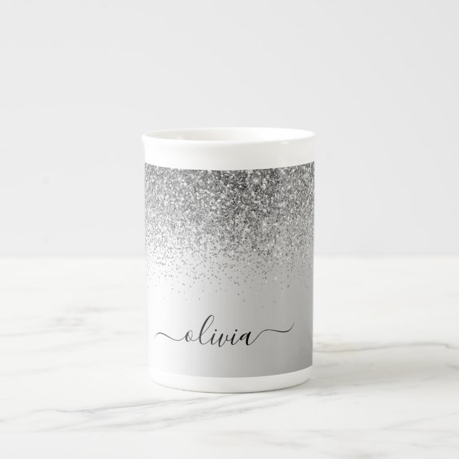 Silver Monogram Glitter Sparkle Girly Script Bone China Mug (Front)