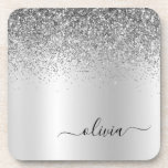 Silver Monogram Glitter Sparkle Girly Script Coaster<br><div class="desc">Silver Faux Foil Metallic Sparkle Glitter Brushed Metal Monogram Name Paper Coasters. This makes the perfect graduation,  birthday,  wedding,  bridal shower,  anniversary,  baby shower or bachelorette party gift for someone that loves glam luxury and chic styles.</div>