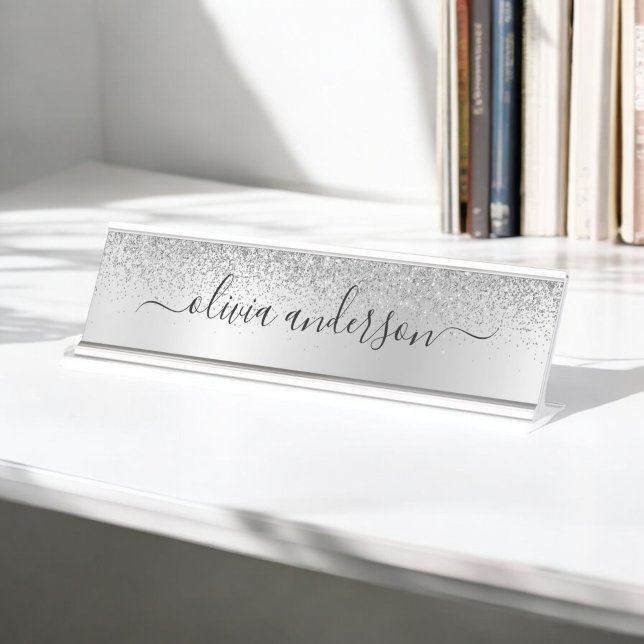 Silver Monogram Glitter Sparkle Girly Script Desk Name Plate (Creator Uploaded)