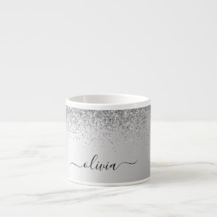 Silver Monogram Glitter Sparkle Girly Script Espresso Cup