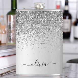Silver Monogram Glitter Sparkle Girly Script Hip Flask