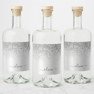 Silver Monogram Glitter Sparkle Girly Script Liquor Bottle Label