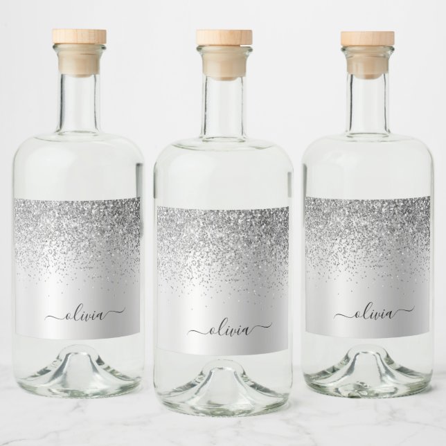 Silver Monogram Glitter Sparkle Girly Script Liquor Bottle Label (Bottles)