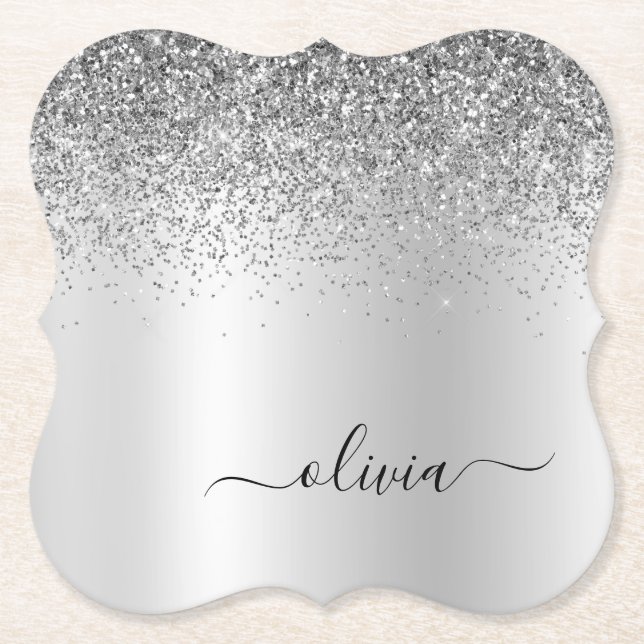 Silver Monogram Glitter Sparkle Girly Script Paper Coaster (Front)