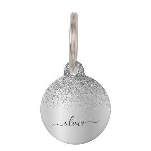 Silver Monogram Glitter Sparkle Girly Script Pet Tag