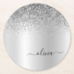 Silver Monogram Glitter Sparkle Girly Script Round Paper Coaster<br><div class="desc">Silver Faux Foil Metallic Sparkle Glitter Brushed Metal Monogram Name Paper Coasters. This makes the perfect graduation,  birthday,  wedding,  bridal shower,  anniversary,  baby shower or bachelorette party gift for someone that loves glam luxury and chic styles.</div>