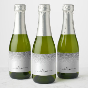Silver Monogram Glitter Sparkle Girly Script Sparkling Wine Label