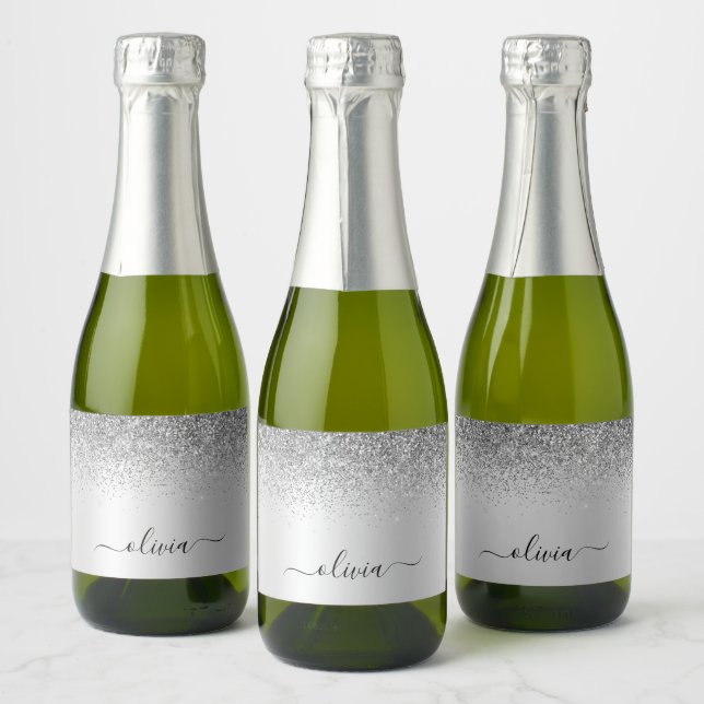 Silver Monogram Glitter Sparkle Girly Script Sparkling Wine Label (Bottles)