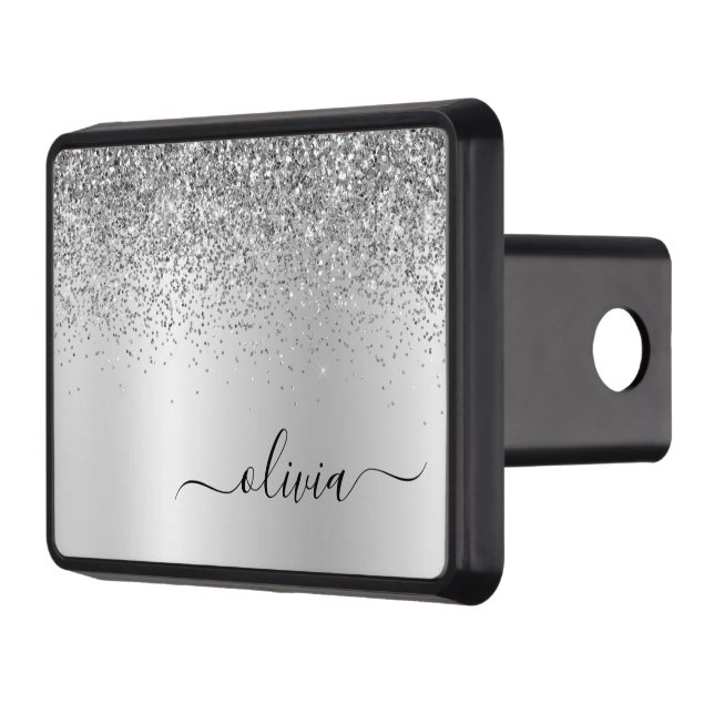 Silver Monogram Glitter Sparkle Girly Script Trailer Hitch Cover (Left)