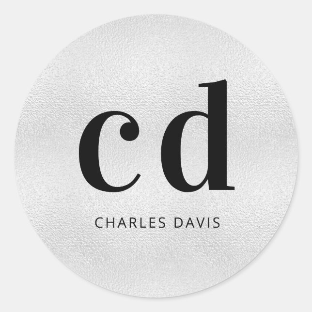 Silver monogram initials minimalist modern classic round sticker (Front)