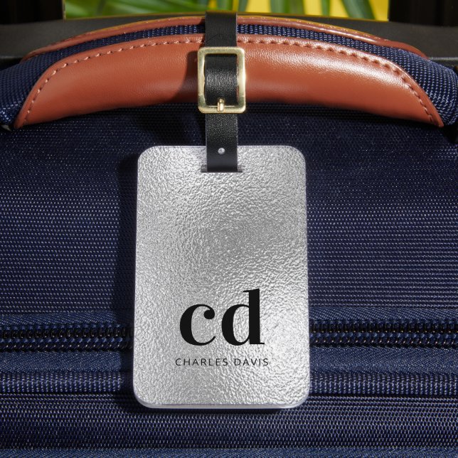 Silver monogram initials name luggage tag (Front Insitu 2)