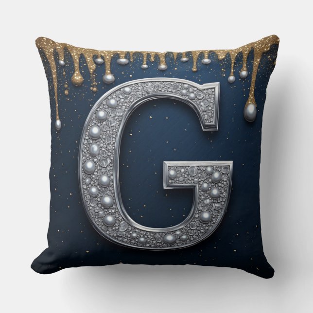Silver Monogram Letter G Navy Gold Dripping Throw Pillow (Front)