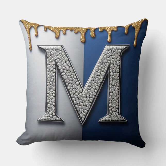 Silver Monogram Letter M Navy Gold Dripping Paint  Throw Pillow (Front)