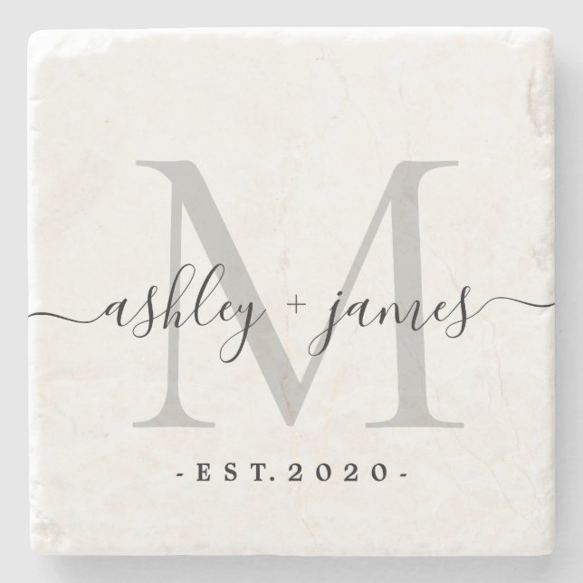 Silver Monogram Script Wedding Stone Coaster (Front)