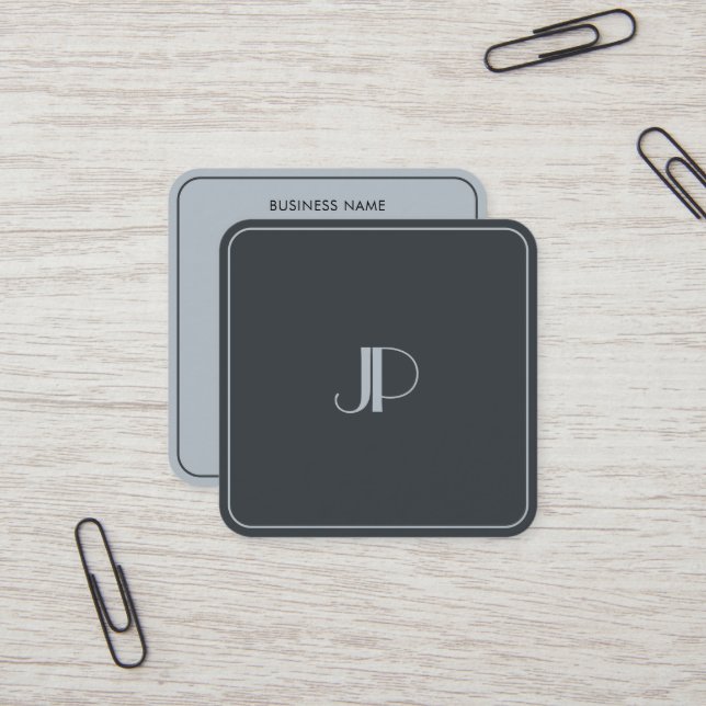Silver Monogram Template Luxury Anthracite Grey Square Business Card (Front/Back In Situ)