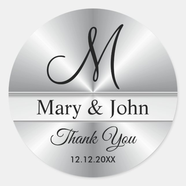 Silver Monogram Wedding Thank You Classic Round Sticker (Front)
