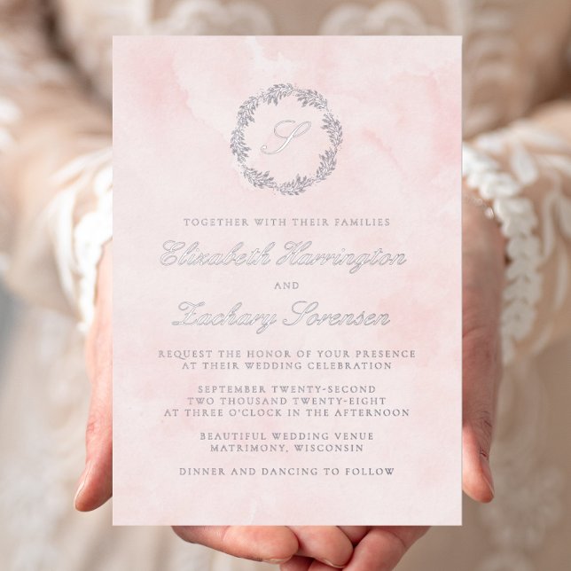 Silver Monogram Wreath Script Blush Pink Wedding (Creator Uploaded)