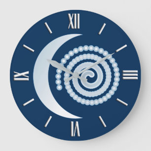 Silver Moon Spiral, dark blue Large Clock