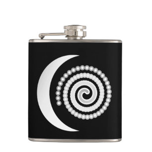Silver Moon Spiral on black Hip Flask