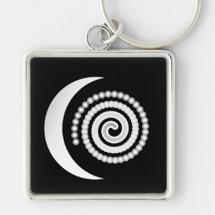 Silver Moon Spiral on black Keychain