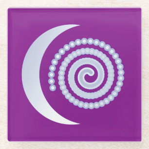 Silver Moon Spiral on purple Glass Coaster