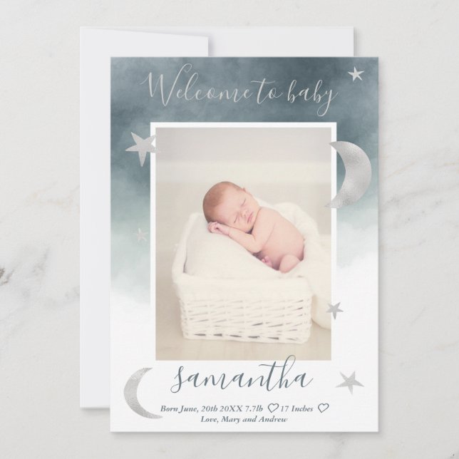 Silver moon stars blue watercolor photo baby birth announcement (Front)