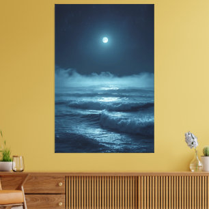Silver Moonrise – Cinematic Ocean Under the Stars Canvas Print