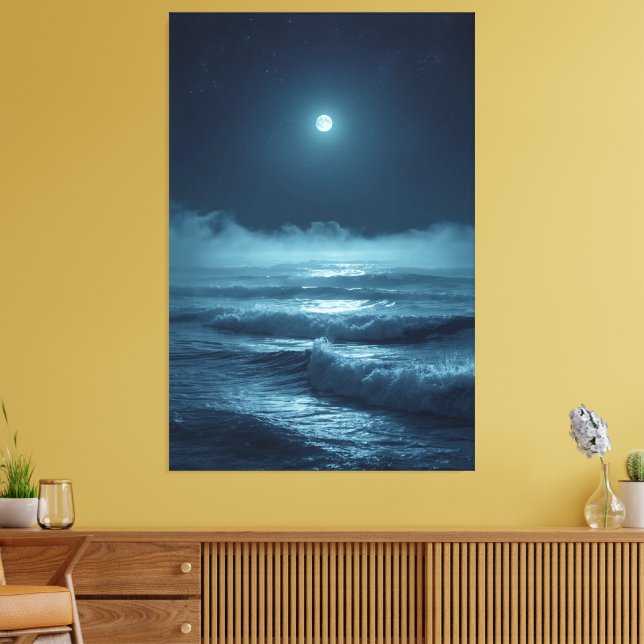 Silver Moonrise – Cinematic Ocean Under the Stars Canvas Print (Insitu(LivingRoom))