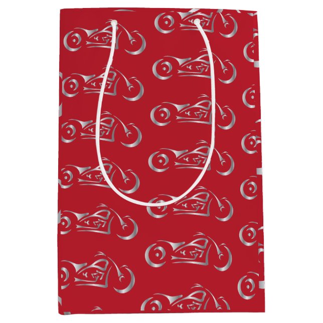 Silver motorcycle silhouette for biker medium gift bag (Front)