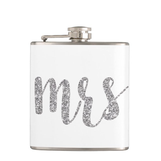 Silver Mrs. flask, glitter font Hip Flask (Front)