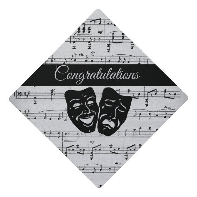 Silver Music and Theatre Masks Graduation Cap Topper (Front)