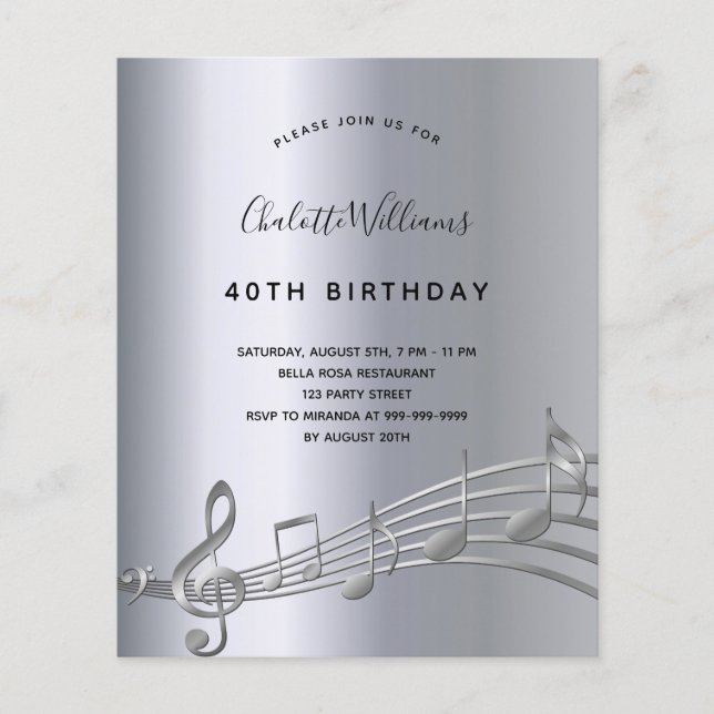 Silver music notes birthday invitation (Front)