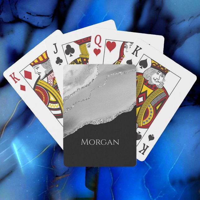 Silver Name, Glitter & Agate on Black Playing Cards (Creator Uploaded)