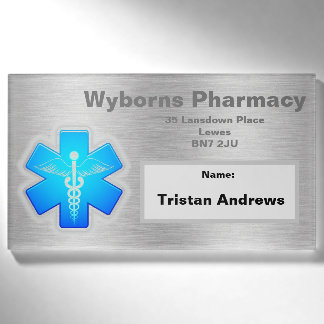 Silver name tag with pharmacy name
