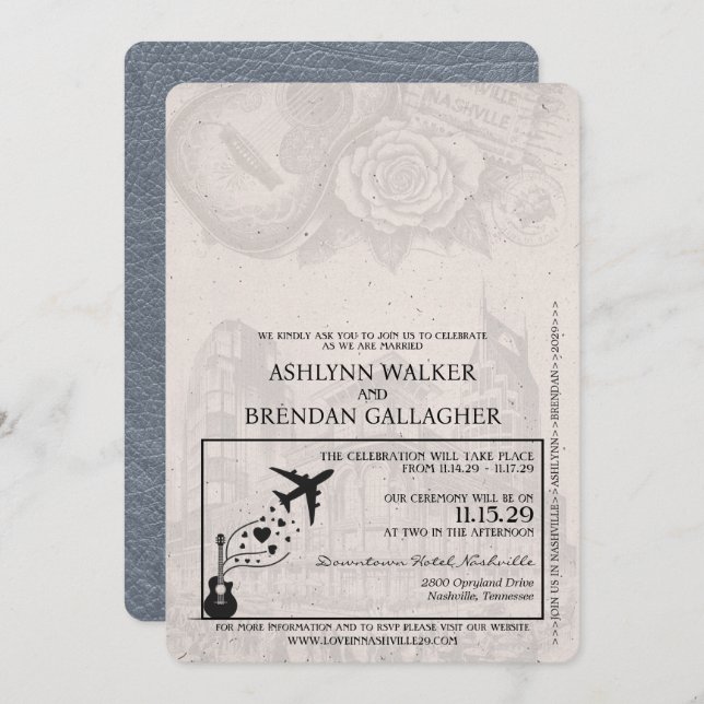 Silver Nashville Passport Wedding Invitation (Front/Back)