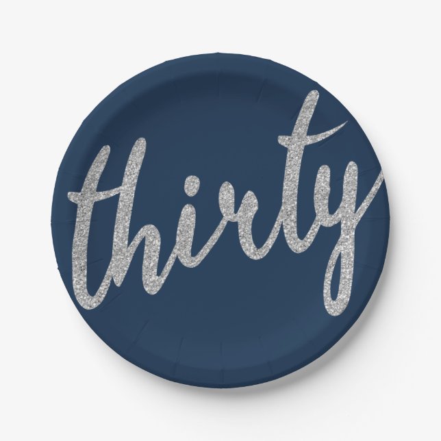 Silver Navy 30 Birthday Party Glitter "Thirty" Paper Plate (Front)