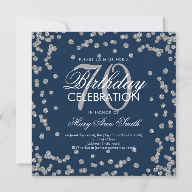 Silver Navy 70th Birthday Elegant Glitter Confetti Invitation (Front)