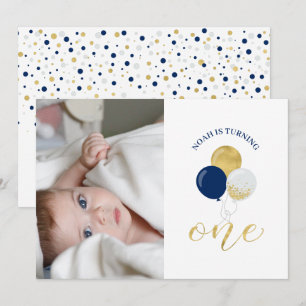 Silver & Navy Balloons   Boy 1st Birthday Party Invitation