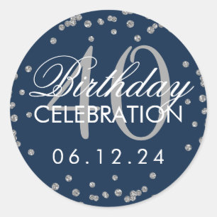 Silver Navy Blue 40th Birthday Glitter Confetti Classic Round Sticker