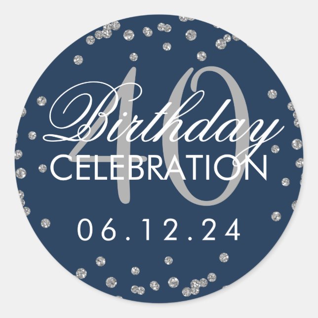 Silver Navy Blue 40th Birthday Glitter Confetti Classic Round Sticker (Front)