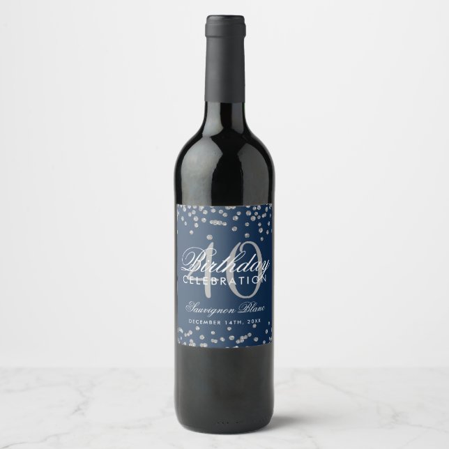 Silver Navy Blue 40th Birthday Glitter Confetti Wine Label (Front)