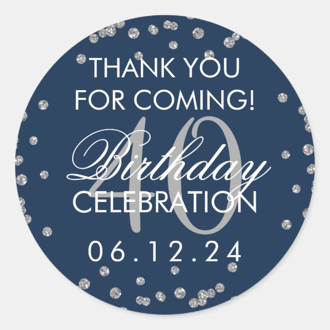 Silver Navy Blue 40th Birthday Thank You Confetti Classic Round Sticker (Front)