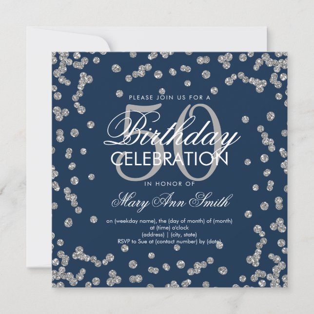Silver Navy Blue 50th Birthday Glitter Confetti Invitation (Front)