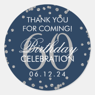 Silver Navy Blue 60th Birthday Thank You Confetti Classic Round Sticker