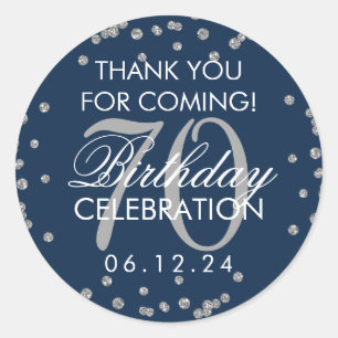 Silver Navy Blue 70th Birthday Thank You Confetti Classic Round Sticker