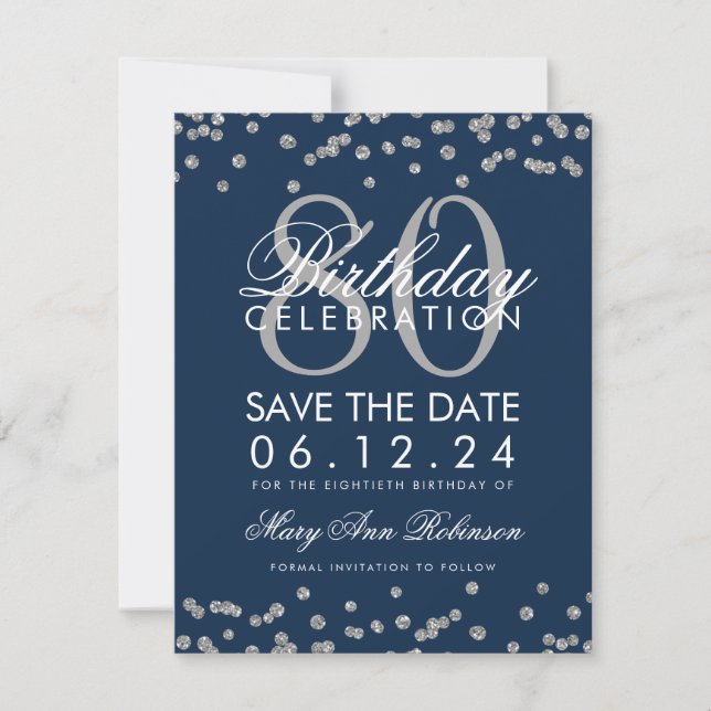 Silver Navy Blue 80th Birthday Save Date Confetti Save The Date (Front)