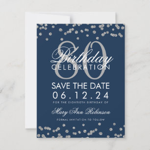 Silver Navy Blue 80th Birthday Save Date Confetti Save The Date
