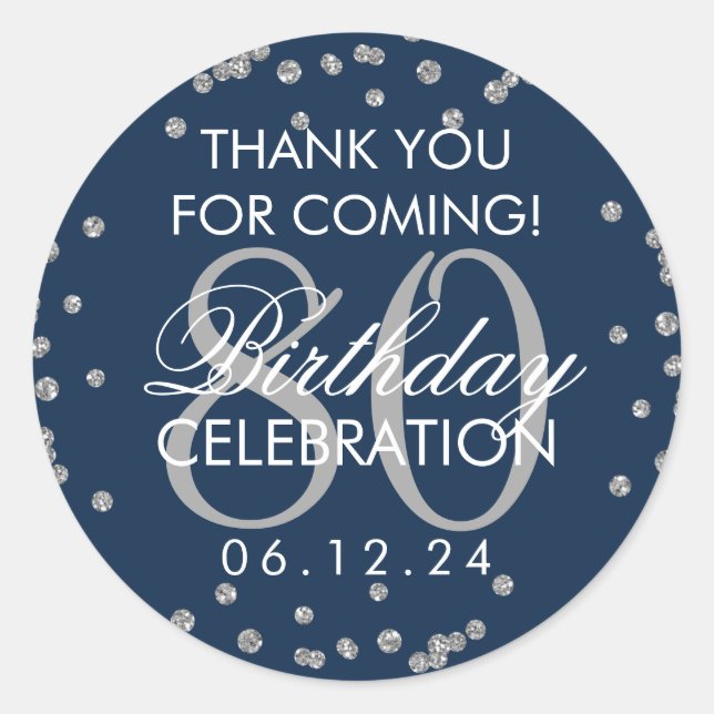 Silver Navy Blue 80th Birthday Thank You Glitter Classic Round Sticker (Front)
