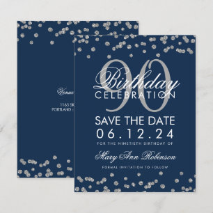 Silver Navy Blue 90th Birthday Save Date Confetti Invitation