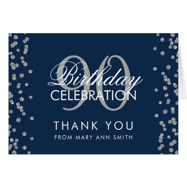 Silver Navy Blue 90th Birthday Thank you Glitter (Front Horizontal)